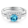 thumbnail image 3 of 10K White Gold Swiss Blue Topaz White Moissanite and Lab Grown Diamond 3 Stone Bridal Engagement Wedding Ring Set for Women (0.99 Cttw, 5MM and 3MM Cushion Cut, Available in Size 5, 6, 7, 8, 9), 3 of 6