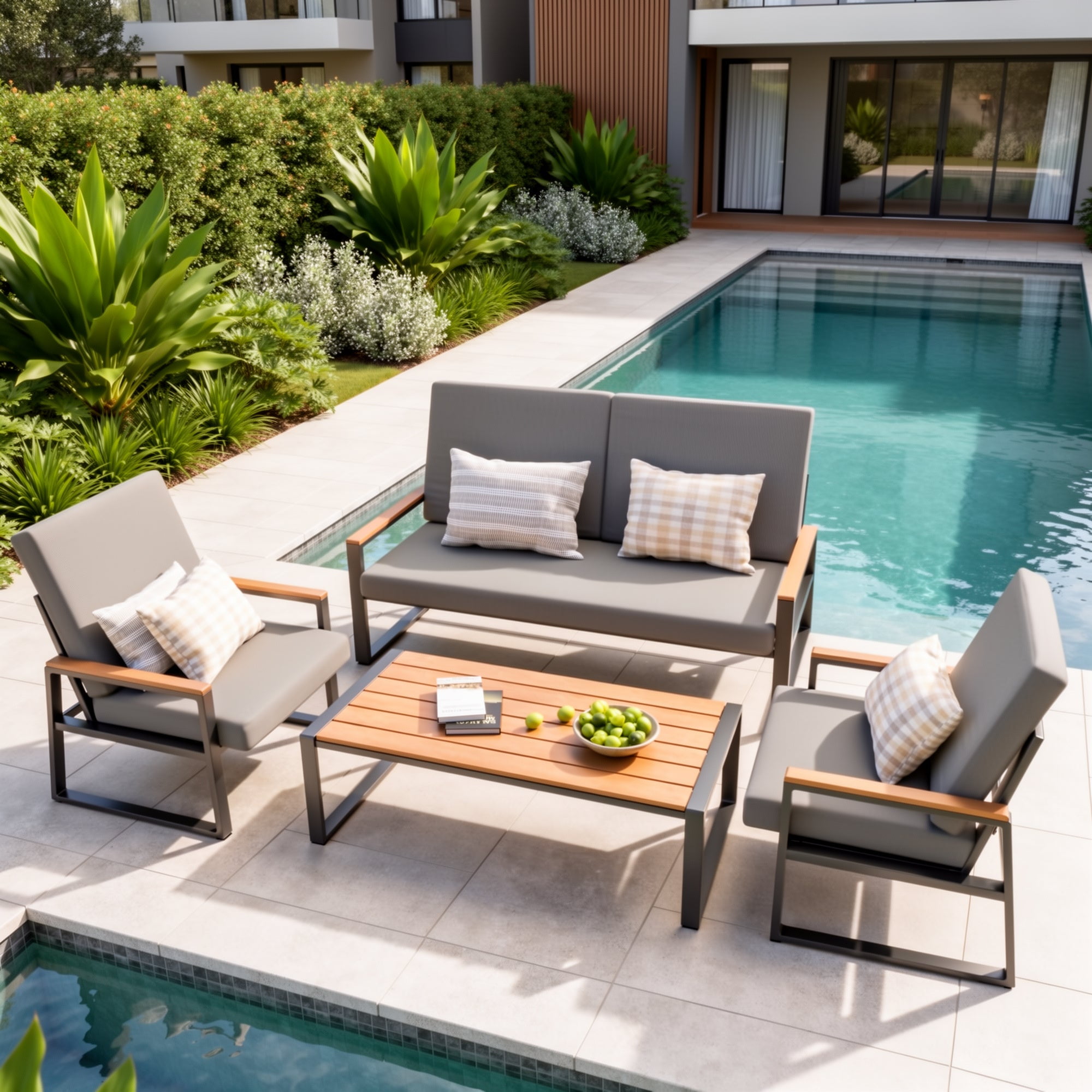 Aiho 4 Pieces Patio Furniture Set, All-Weather Outdoor Conversation Set with Coffee Table & Removable Cushions, Perfect for Patio, Garden, Yard, Gray
