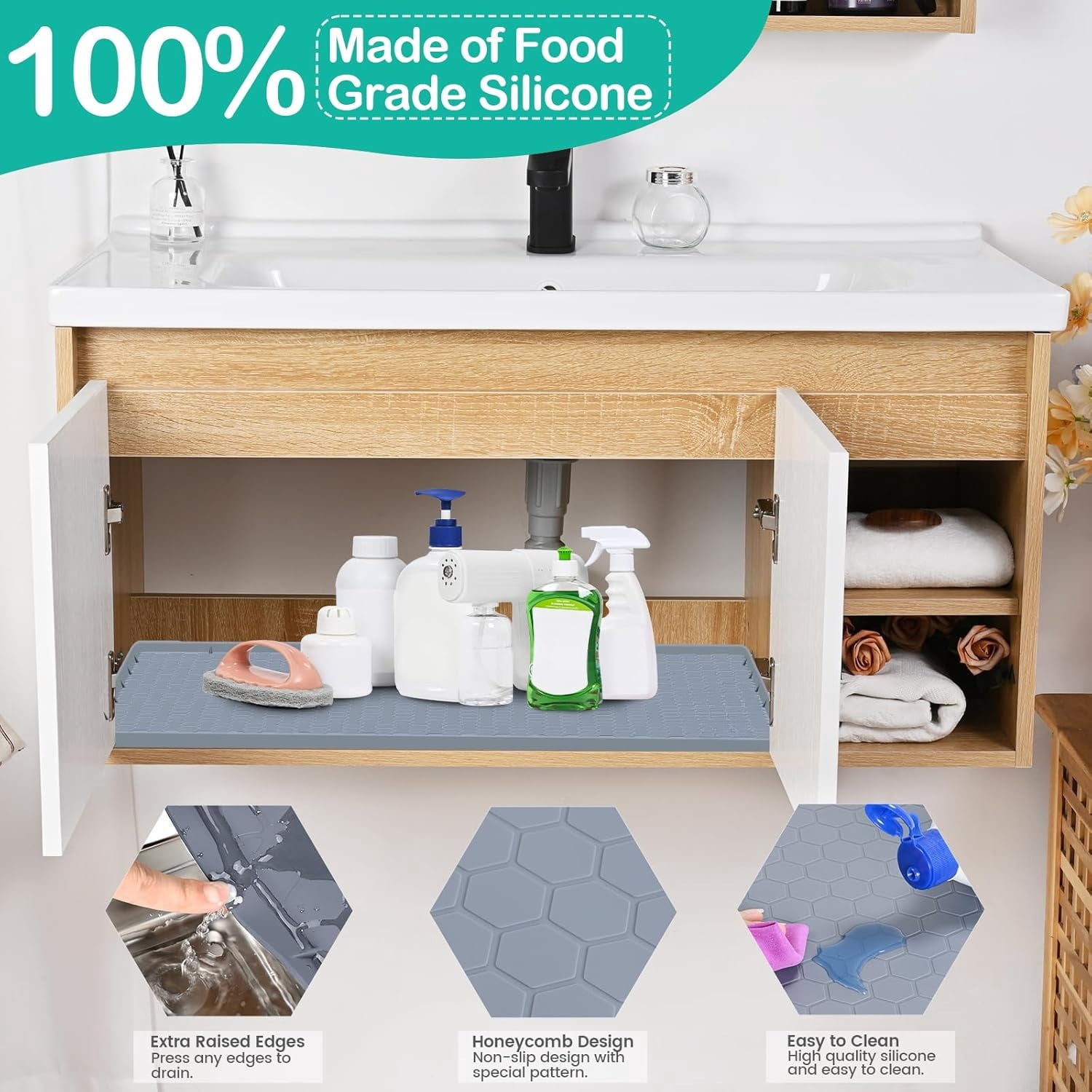 Waterproof Under Sink Mat 34" x 22", Silicone Cabinet Liner, Rubber Protector for Kitchen and Bathroom, Keeps Cabinets Clean, Dry, and Organized (Grey)
