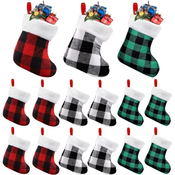 12PACK Christmas Mini Stockings, 7” Double Side Xmas Red Green White Buffalo Plaid Fireplace Hanging Snowflake Stocking with Plush Cuff for Christmas Tree Decor