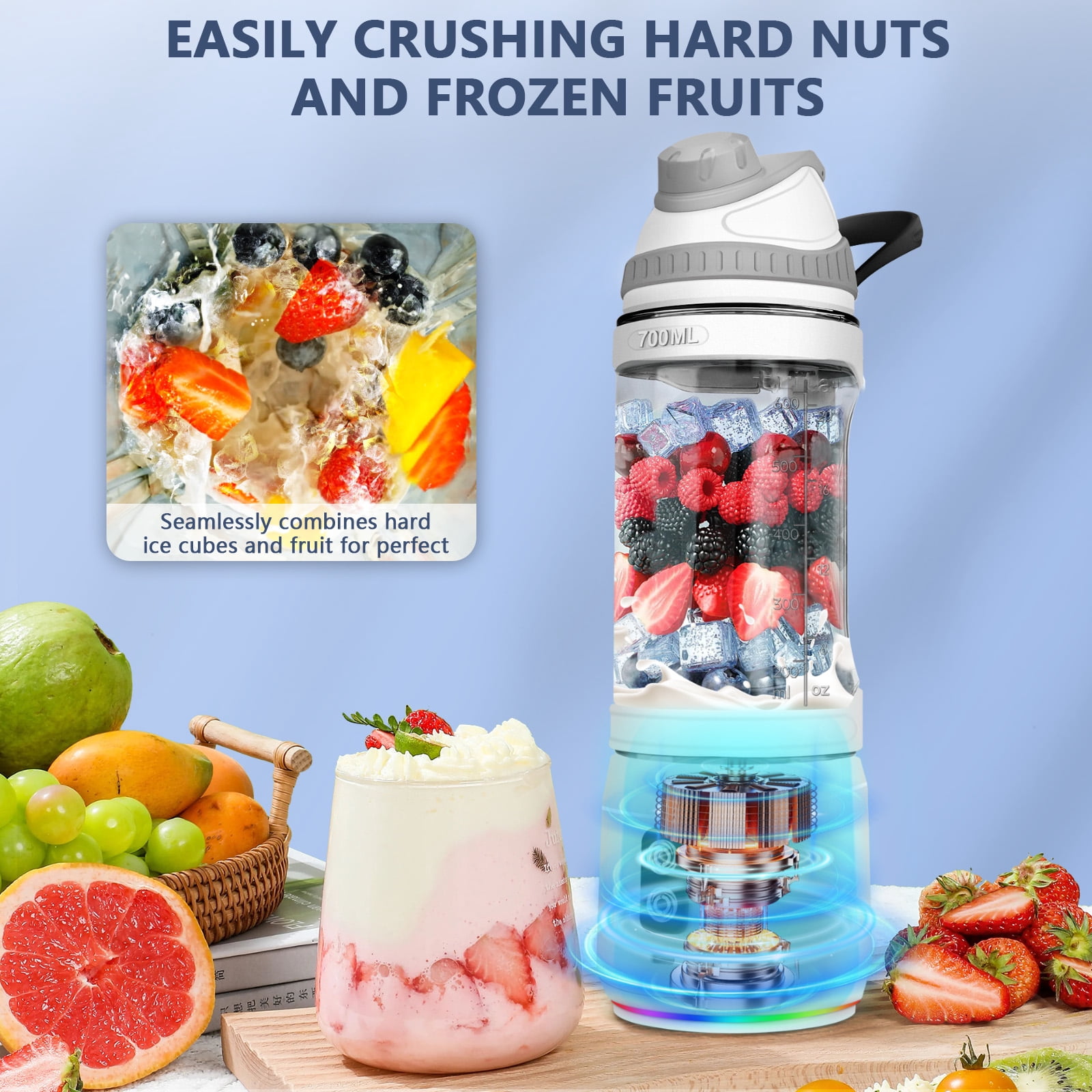 Portable Blender,Fimilo Personal Blender 240 Watt for Shakes and Smoothies with 6 Metal Blades, 24 oz Mini Blender Cup with Travel Lid and USB Rechargeable for Office, Gym, Kitchen (Gray)