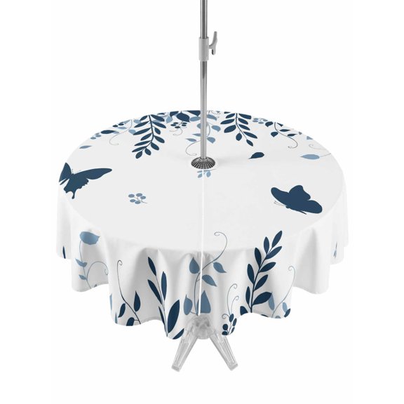 Outdoor Tablecloth with Umbrella Hole and Zipper, Blue Spring Botanical Round Table Cloth 60 Inch Waterproof Tablecloth, Weeping Eucalyptus Butterfly Picnic Table Cover for Patio Camping