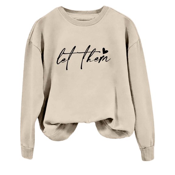 Women Letter Graphic Printed Sweatshirt Crew Neck Long Sleeve Casual Loose Fit Outfits Daily No Hood Pullover Beige