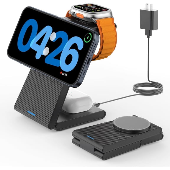 3 in 1 Wireless Charging Station for Magsafe, Foldable Magnetic Wireless Charger Stand for Multiple Devices, Wireless Charger for iPhone 16/15/14/13/12 Pro Max, Apple Watch, AirPods 4/3/2/Pro