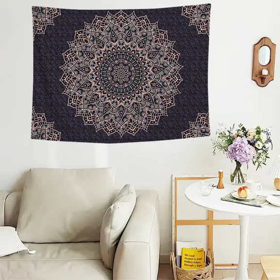 Bohemian Mandala Tapestry - Copper Pink & Black Floral Medallion Wall Hanging, Yoga & Meditation Decor for Bedroom, Living Room - 37x29 Inches