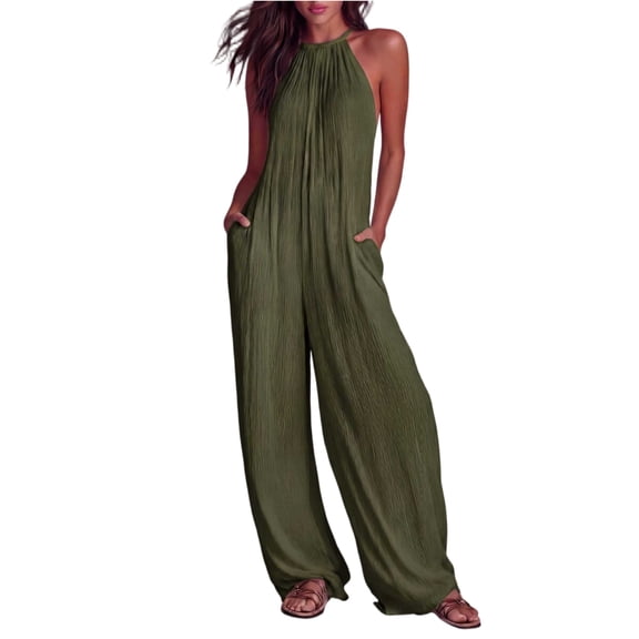 JULMCOMO Jumpsuits for Women Halter Sleeveless Comfy Baggy Overalls Wide Leg Pleated Casual Vacation Summer Jumpsuits Army Green L