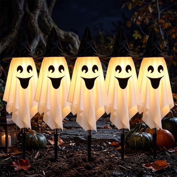 Halloween Ghost Stake Lights Set of 5, Witch Hat LED Ghost Pathway Lights Battery Operated, Indoor Outdoor Halloween Decorations, Spooky Lawn Light for Yard Garden Haunted House Porch Walkway Decor
