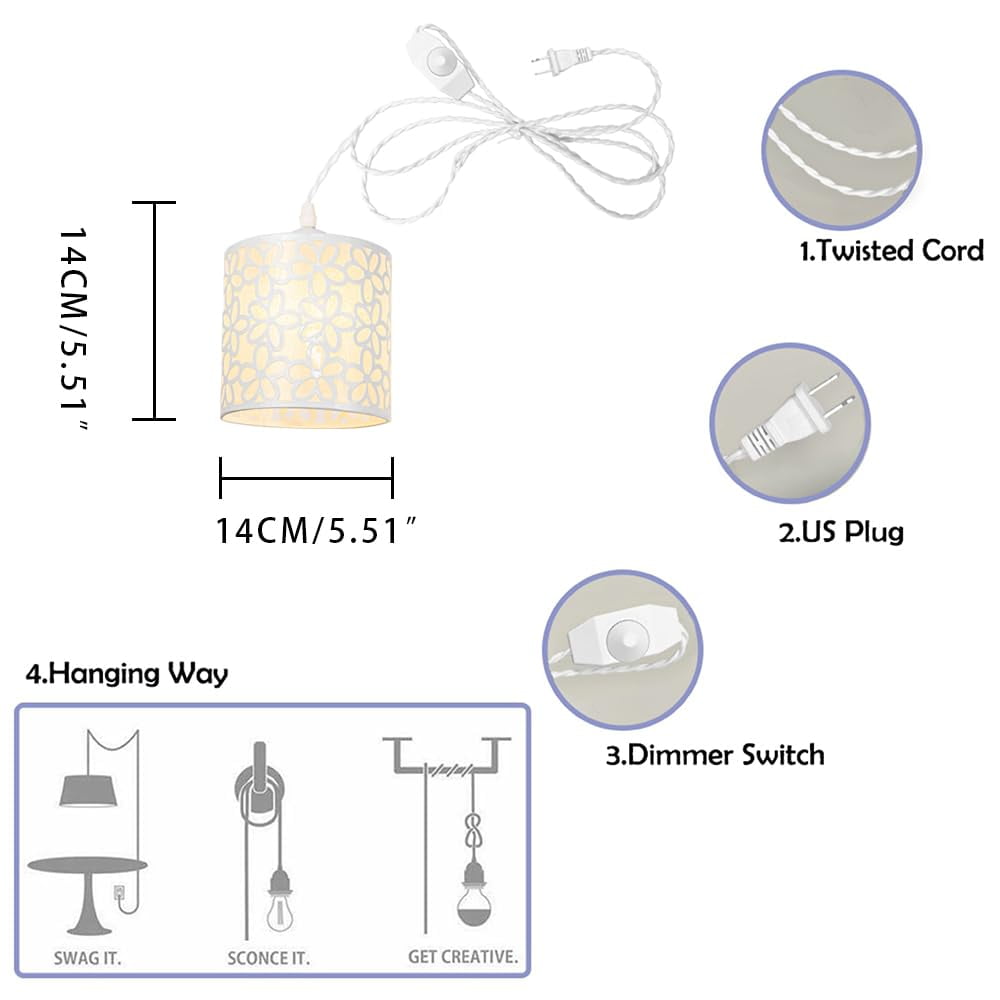 KAYYELAMP White Metal Lampshade E12 Base Minimalist Pendant Light Fixture 15 Feet Plug in Dimmer Cord Hanging Lamp for Kitchen Loft Dining Room(No Bulb)