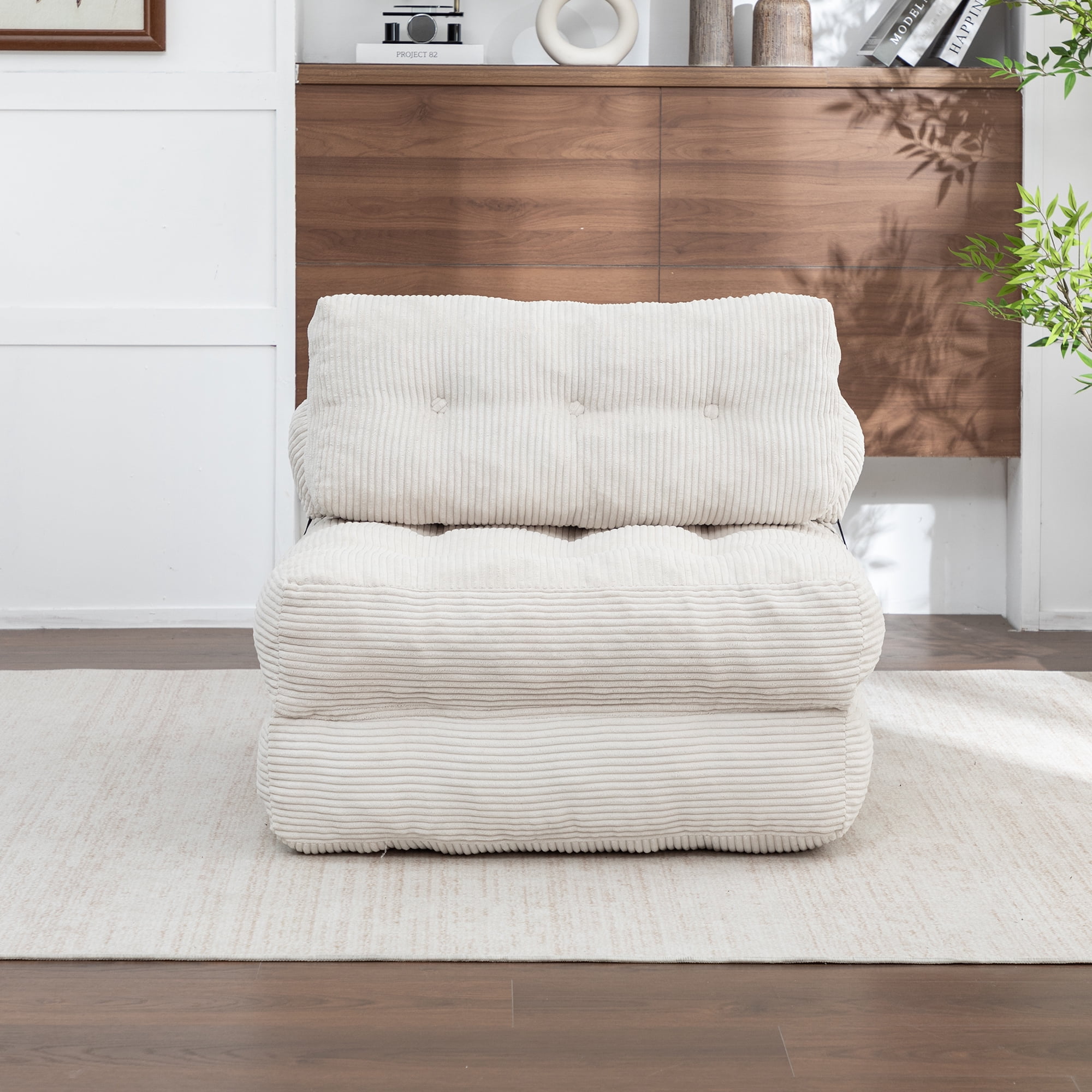 Foldable Floor Couch Converts to Bed, Portable Folding Sofa Bed with Lumbar Support Pillow for Apartments and Guest Room, Beige Corduroy