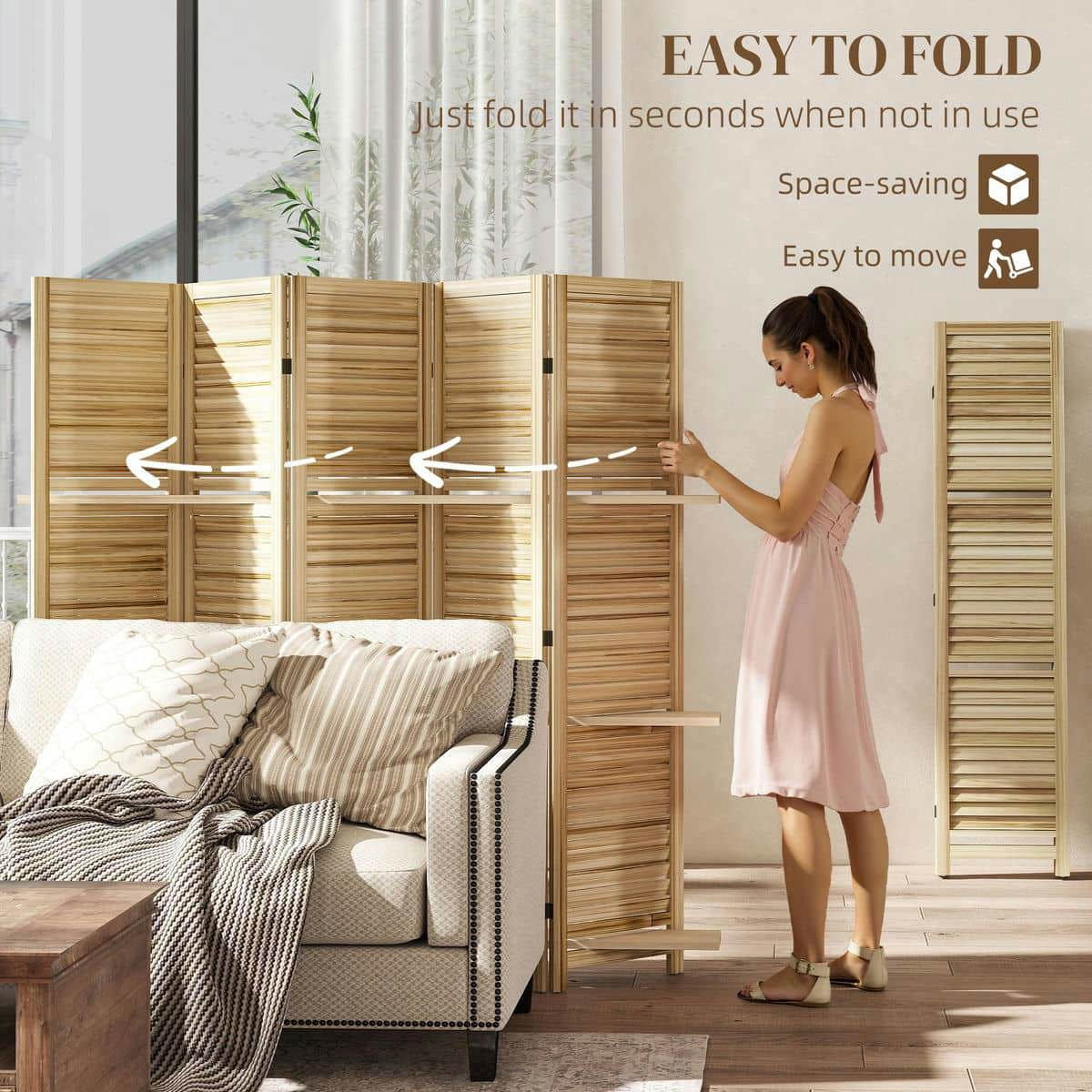 Spaco 5 Panel 67" Tall Wood Privacy Screen, Privacy Screen with 3 Shelves and Folding Storage, Room Divider for Indoor as Living Room, Bedroom, Natural