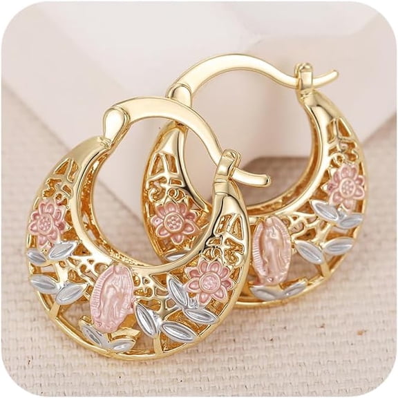 Dainty Vintage Flower Huggie Hoop Earrings 14K Gold Plated Medium Statement Oval Hollowed Sunflower Lightweight Dangle Earrings for Women Chunky Boho Fashion Jewelry Gift