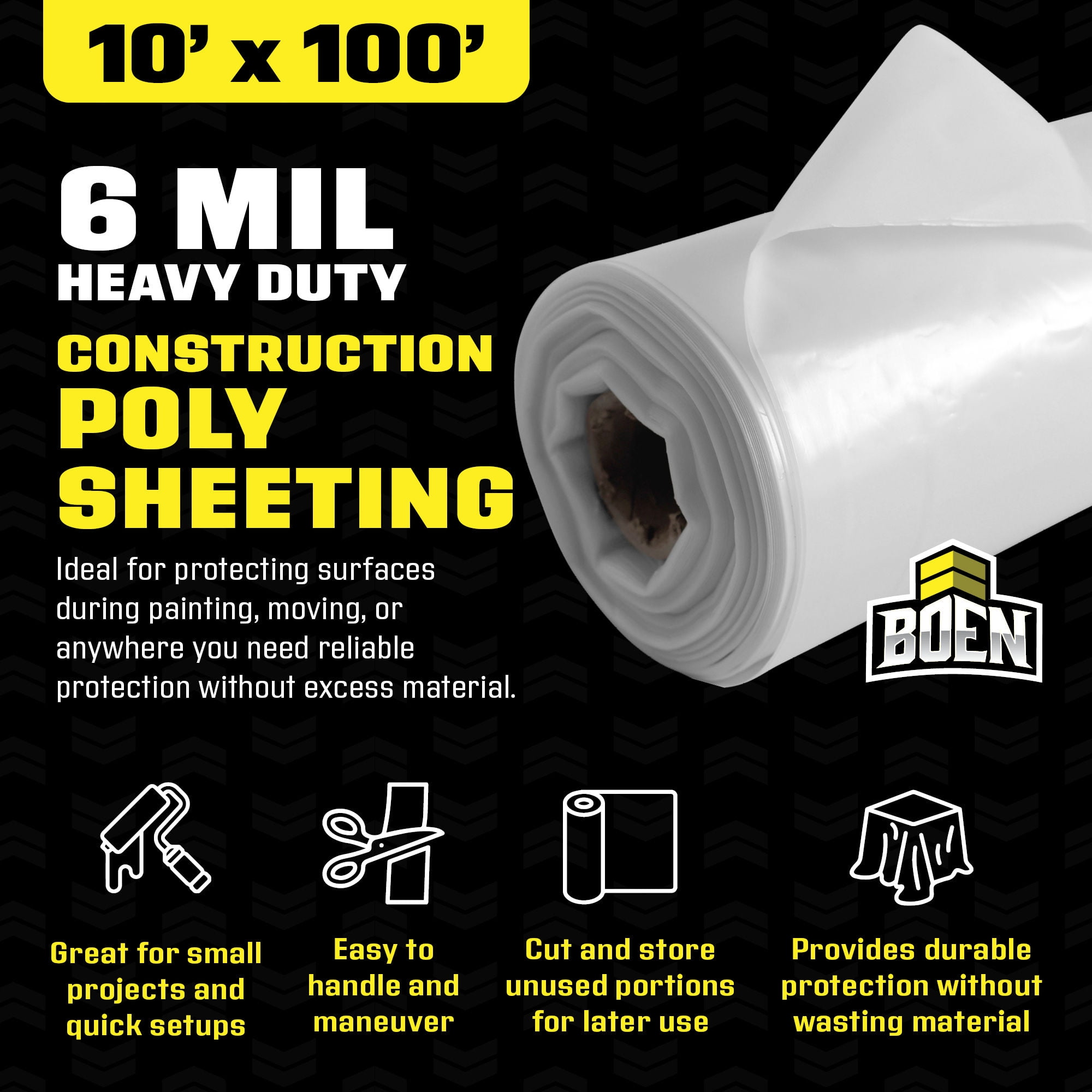 Boen Clear Poly Sheeting 10' x 100' 6 Mil Heavy-Duty Plastic, Vapor Barrier for Crawl Space & Under Slab, Construction Dust Containment