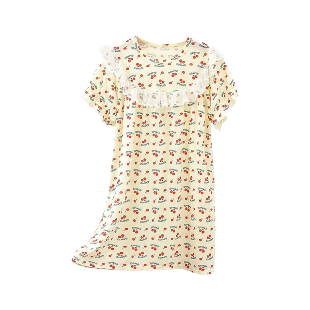Odeerbi Camisón Verano Niñas Camisón Algodón Encaje Midi Camisón Manga Corta Cuello Redondo Floral Princesa Vestido Dormir