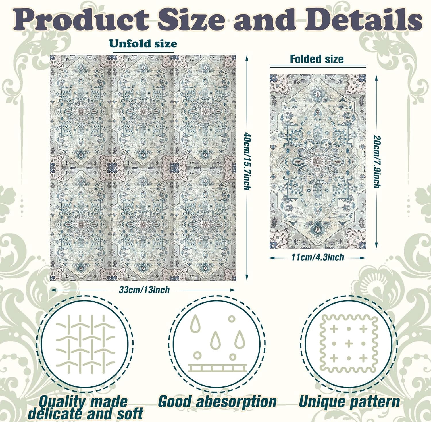 100 Pcs Vintage Boho Napkins Paper Guest Towels 2 Ply Decoupage Napkins Disposable Decorative Hand Towel for Bathroom Kitchen Wedding Party Dinner(Blue and Grey)