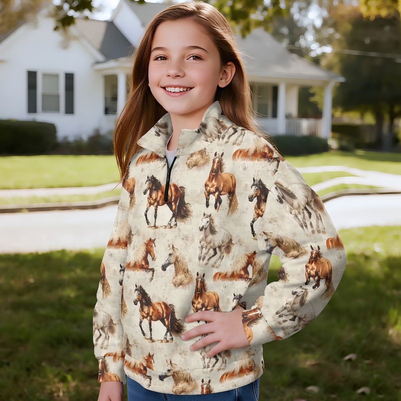Uorisanigo Kids Girls Half Zip Pullover Sweatshirt Fall Trendy Western Horse Print Quarter Zipper Cropped Sweatshirt Loose Long Sleeve Workout Shirts Comfy Pullover Jackets