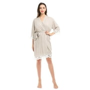 Women Night Robe Home Suit Cotton Lace Edge Sleepwear Solid Loose 3/4 Sleeve Knee-length V-neck Nightgown Dress Bathrobe