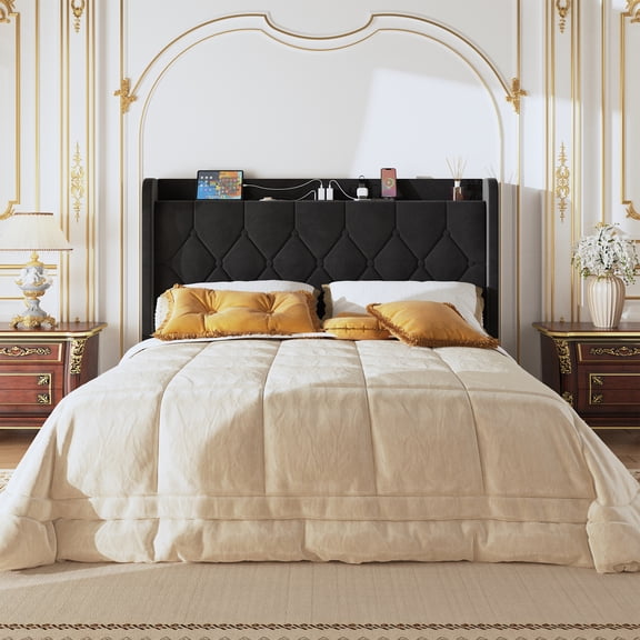 Frostbloom Queen Size Velvet Bed Frame with USB & Type-C Charging, Diamond-Tufted Wingback Headboard with Storage, Black
