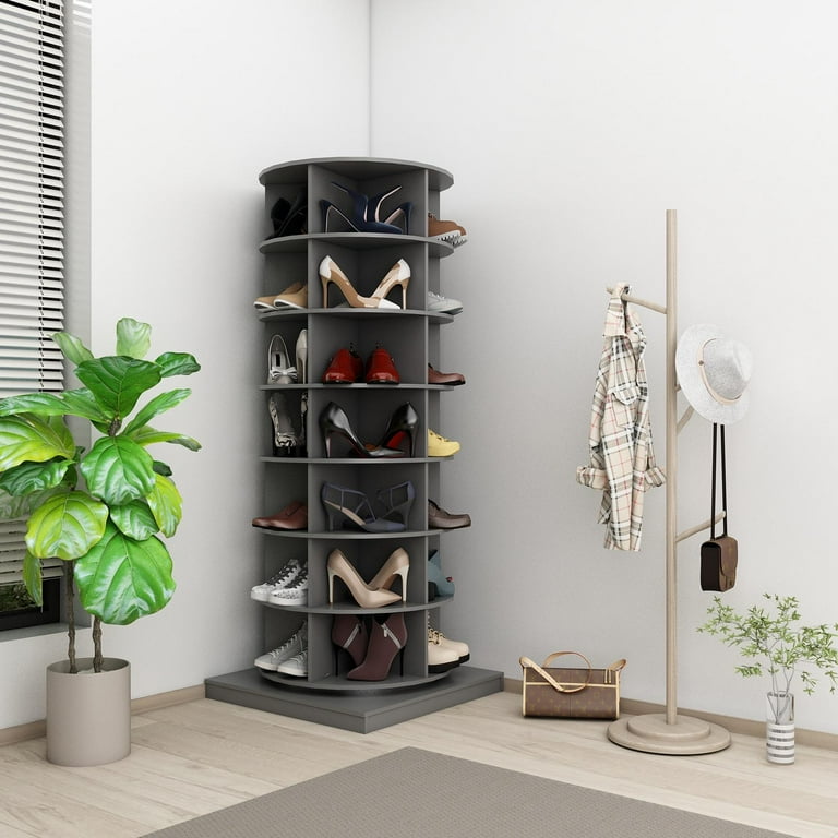PORKISS 7 Layer Rotating Shoe Cabinet Modern Tall Shoe Rack with Open Storage Space Hold 28 Paris shoes Freestanding 360 Rotating Shoe Rack Tower