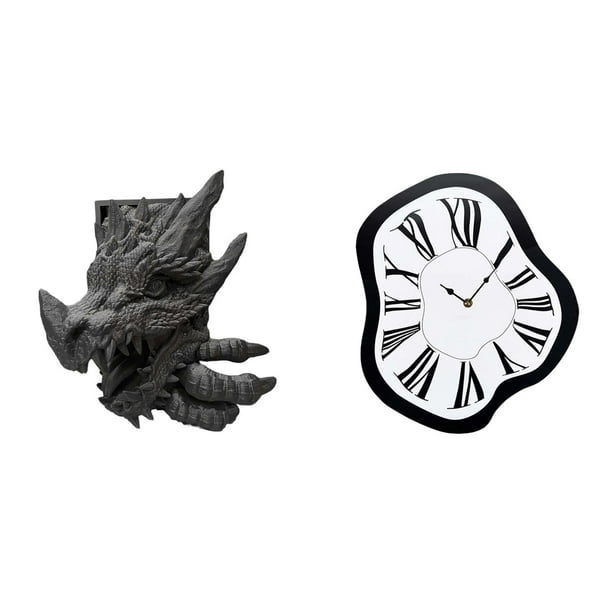Figura de mesa,Estantes de sujetalibros de dragón Sujetalibros de estatua de dragón,Reloj de pared,Reloj de pared interior con números romanos nórdicos,Relojes distorsionados Reloj