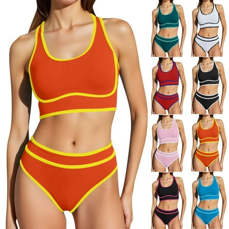 pstuiky Swim Suit  Women High Waisted Bikini Set Sporty Two Piece Swimsuit Color Block Cheeky High Cut Bathing Suit with Removable Padding for Summer Beach Pool Swimsuit Women Up To 50% Off Blue L