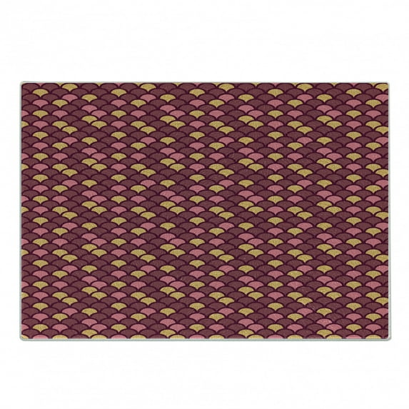Fish Scale Cutting Board, Overlapping Arc Shapes Traditional Pattern with Modern Design Print, Decorative Tempered Glass Cutting and Serving Board, Small Size, Maroon Pink and Yellow, by Ambesonne