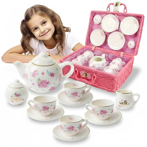 Ensemble de Thé en Porcelaine pour Filles - Tasses à Thé en Céramique Rose avec Boîte Rose - Jouet en Verre pour Fête d'Enfants - Cadeau Idéal pour Tout-Petits et Enfants de 3 Ans