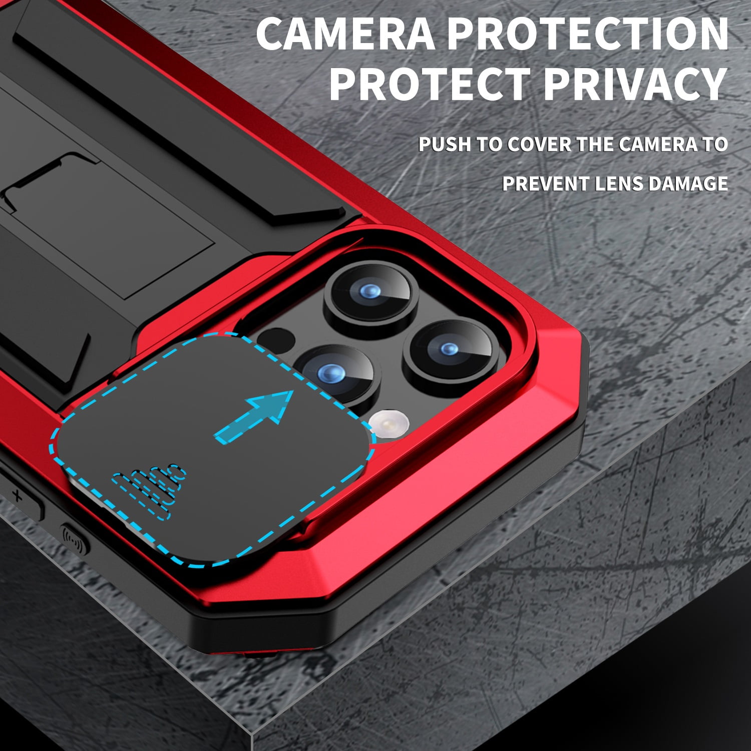 Heavy Duty Rugged Case for iPhone 15 Pro Max with Camera Lens Sliding Kickstand, Triple-Layer Military Grade Metal Frame Shockproof Cover with Screen Protector Dustproof Protective Case,Red