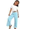 thumbnail image 4 of ITSAME Girls Pants, Cotton Linen High Waist Drawstring Kids Fashion Casual Wide Leg Pants Blue 13-14T, 4 of 7