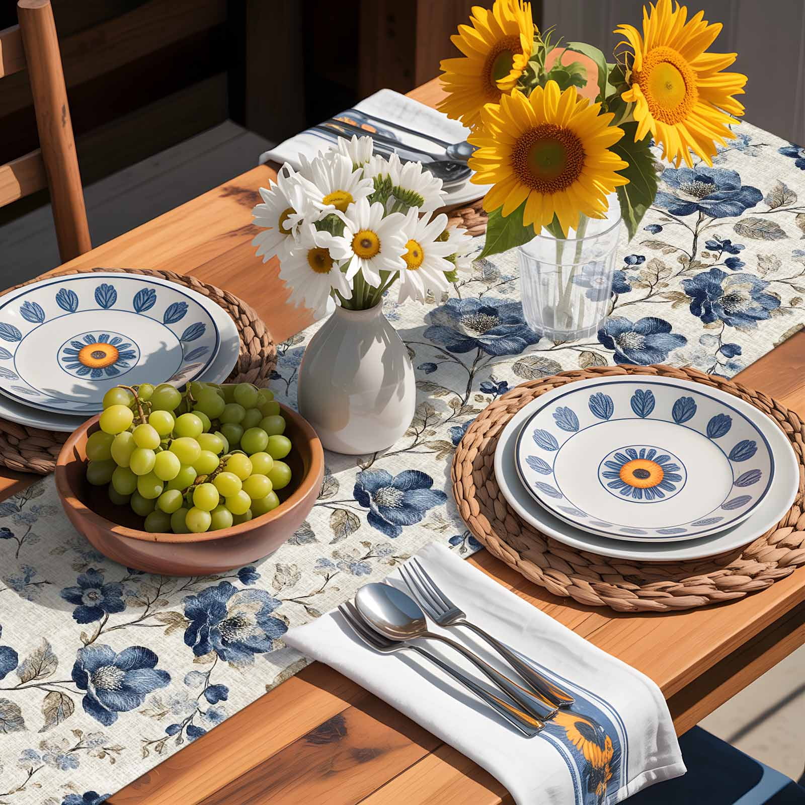 Blue Gray Spring Floral Cotton Linen Table Runner for Dining Kitchen, Vintage Botanical Wedding Outdoor Party Tablerunners Decoration, Dresser Scarf Coffee Tablecloth Runners 13x72 Inches