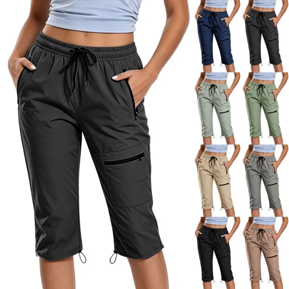 Cekizud Womens Capri Pants Elastic Waist Quick Dry Lightweight Pockets Summer Outdoor,Sizes S-3XL