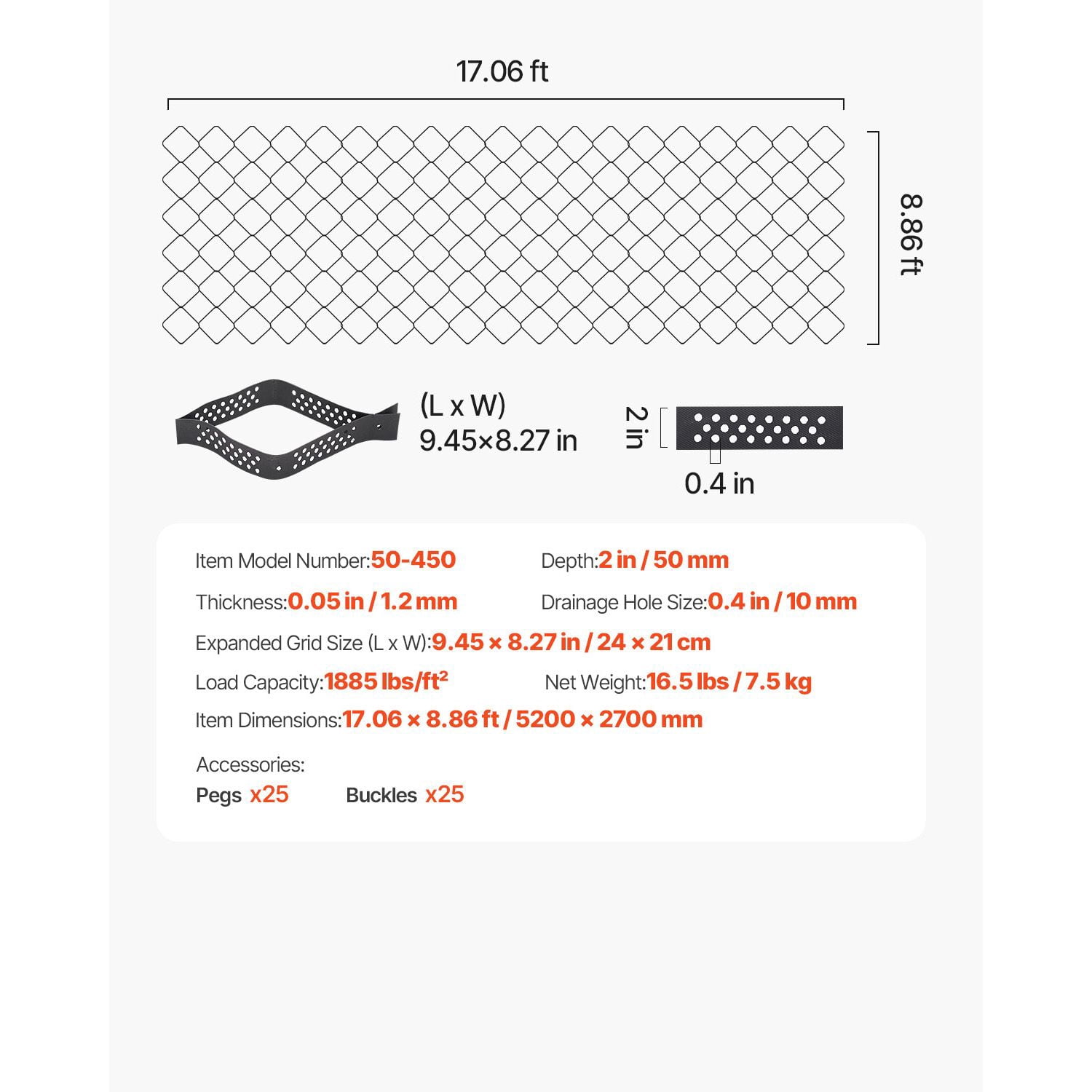 Gravel Grid, 1880 LBS Per Sq ft Grass Ground Retainer, Permeable Geo Grids Driveway Stabilization, for Garden, Patio, Walkway, RV Parking Slopes, 2 Inch Depth, 17.06x8.86FT/5200x2700mm