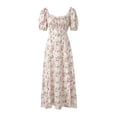 thumbnail image 2 of Cenuakty Women Elegant Side Slit Dress, Floral Print Square Collar Short Puff Sleeves Skirt, Pale Yellow/ White, 2 of 9