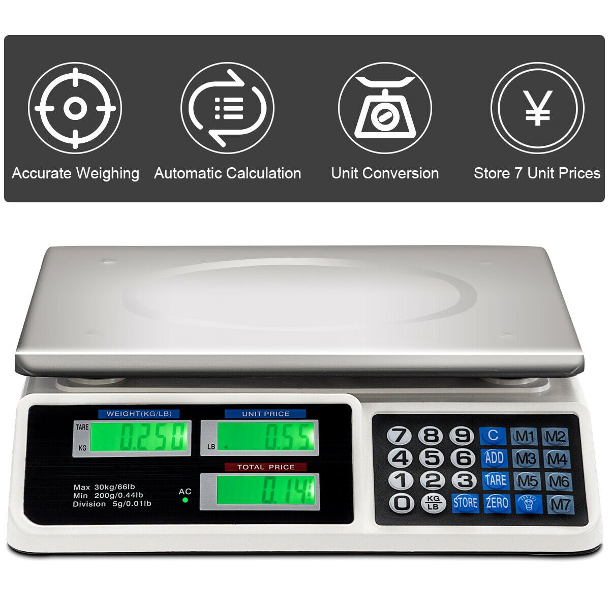 VEVOR Electronic Price Computing Scale, 66 lb Digital Deli Weight Scales, LCD and LED Digital Commercial Food Scale