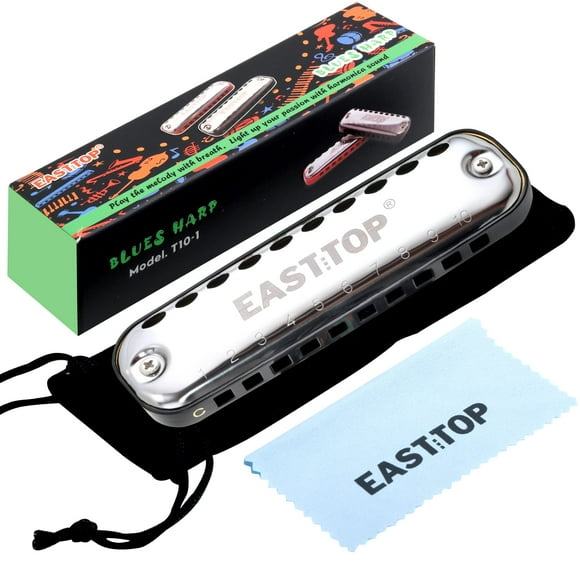 EAST TOP Junior Harmonica,Smoothly Rounded Edge 10 Holes c Key Blues Mouth Organ Harmonica for Kids and children as gift,with Fabric cloth Pouch,colourful Box, Black