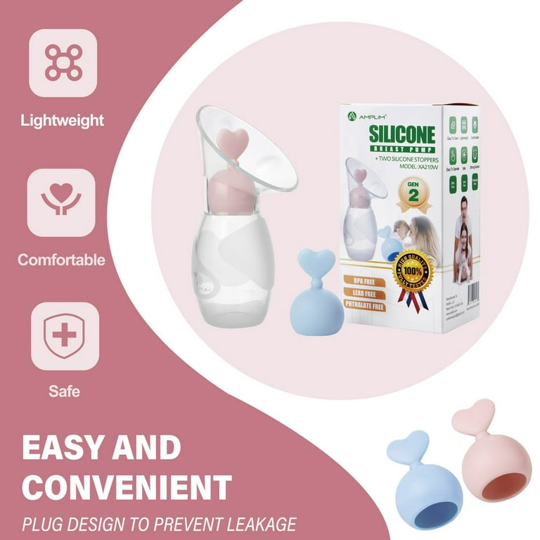 Amplim Manual Breast Pump Milk Collector with 2 Breastfeeding Milk Saver  Stoppers. Gen 2 Food Grade Silicone Breast Pump 4oz-100ml ，FSA HSA ， BPA  PVC