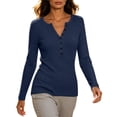 thumbnail image 6 of Qiopertar Women's Sweaters V Neck Long Sleeve Ribbed Knit Pullover Slim Fit Casual Basic Tops for Fall Winter Dark Blue S, 6 of 7