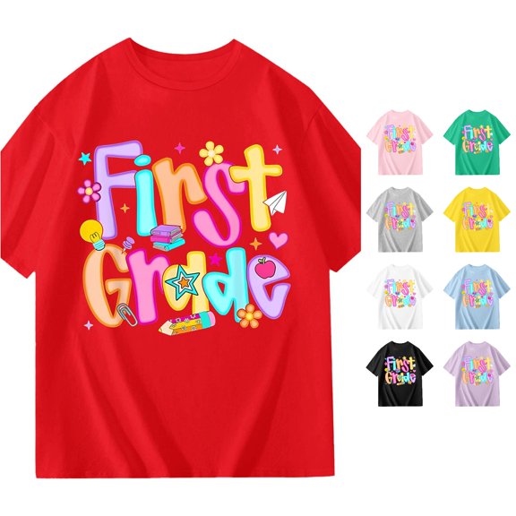 SGMVNU Kids First Grade T Shirts for Girls Back to School Graphic Tees Short Sleeve Soft Summer Casual Tops, Size 7-8 Years, Red