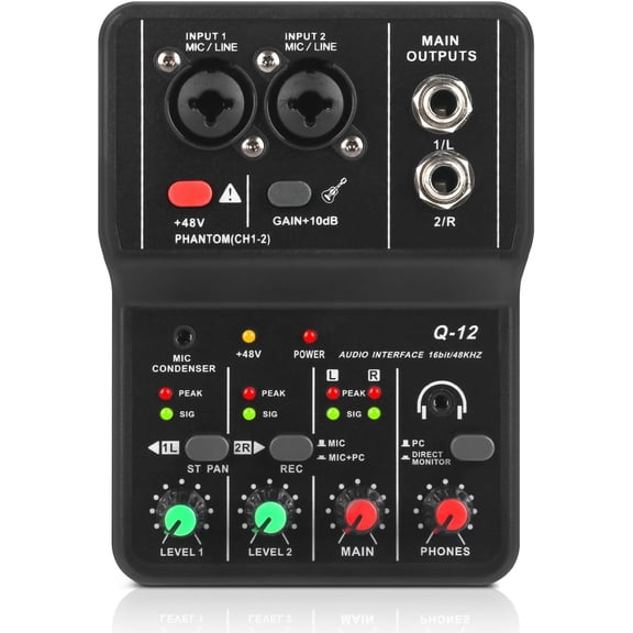 USB Audio Interface, Sound Card for Computer Recording Audio Interface with XLR/3.5mm Input, Studio Quality Audio Interface for Recording Studio, Guitarist, Vocalist, Podcaster or Producer, Q-12