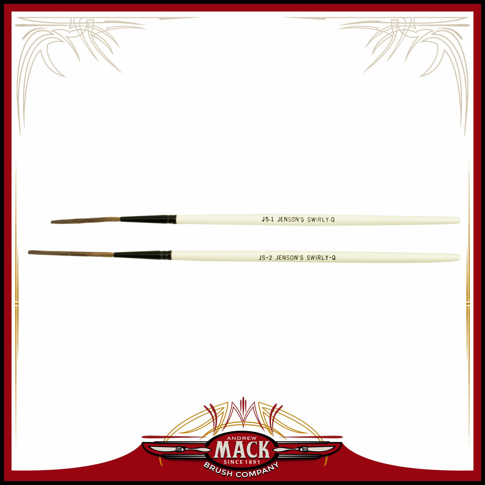 Andrew Mack Brush Set of 2 Size 1-2 The Jenson Swirly Q Series for Scroll Pinstriper and Script Lettering 
