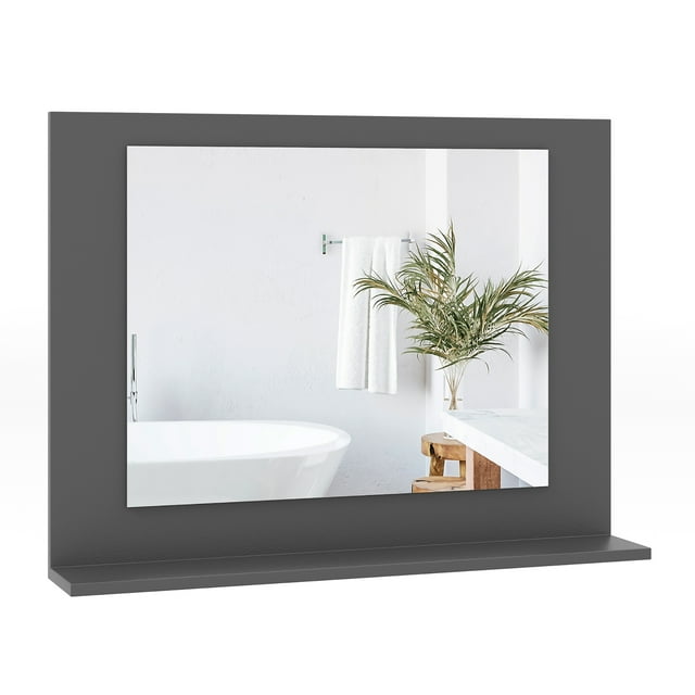 Gymax Bathroom Mirror w/ Shelf 23.5'' x 17.5'' Rectangle Wood Frame Vanity Mirror Gray