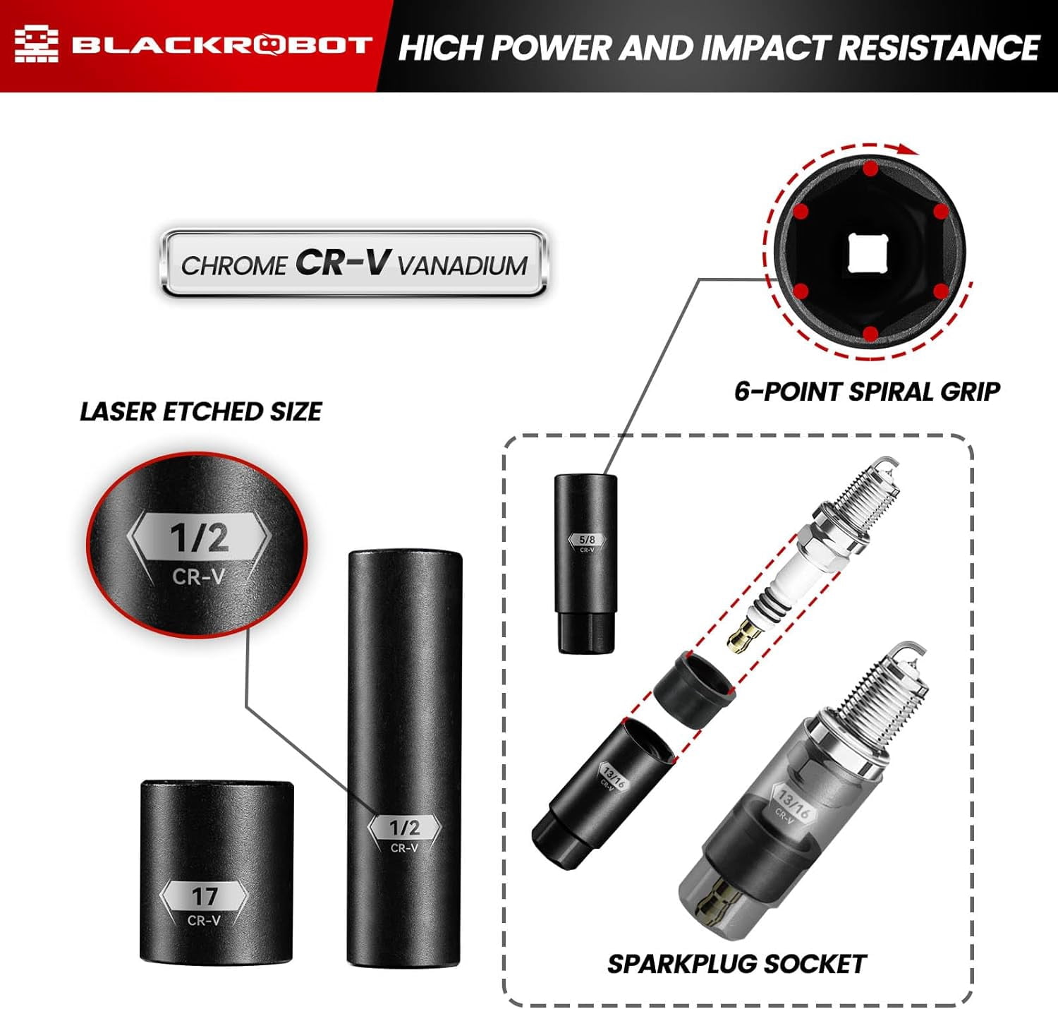 3/8" Drive Impact Socket Set, 45 Pieces Standard SAE (1/4" to 3/4") and Metric (6-22 mm), 6 Point, 72-Tooth Ratchet Handle, 6" Extension Bar, Adapters, Universal Joint, Spark Plug Socket