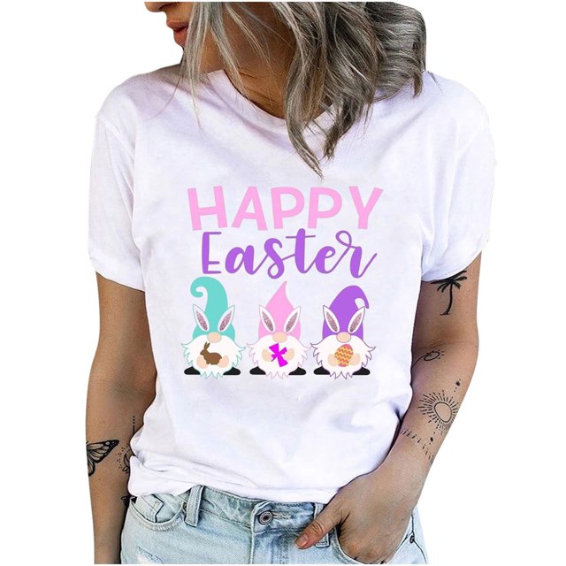 Pompotops T-Shirts Col Rond pour Femmes Imprimé Lapin de Pâques Manches Courtes Blouse