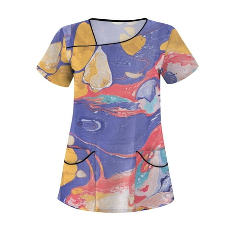 

TKing Fashion Independence Day Women Plus Size Scrubs Top V-Neck Short Sleeve Printed Pockets Work Blouse for Women Yellow 3XL