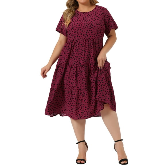 Agnes Orinda Women's Plus Size St. Patrick's Day Dresses Tiered Polka Dots Short Sleeves Babydoll Midi Dresses 1X Burgundy