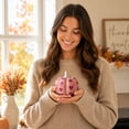 thumbnail image 4 of Fall Pink Ceramic Pumpkin Decor Heart Pattern Glossy Finish Tabletop Ornament for Tiered Trays Mantel Shelf and Halloween Party Supplies, 4 of 7