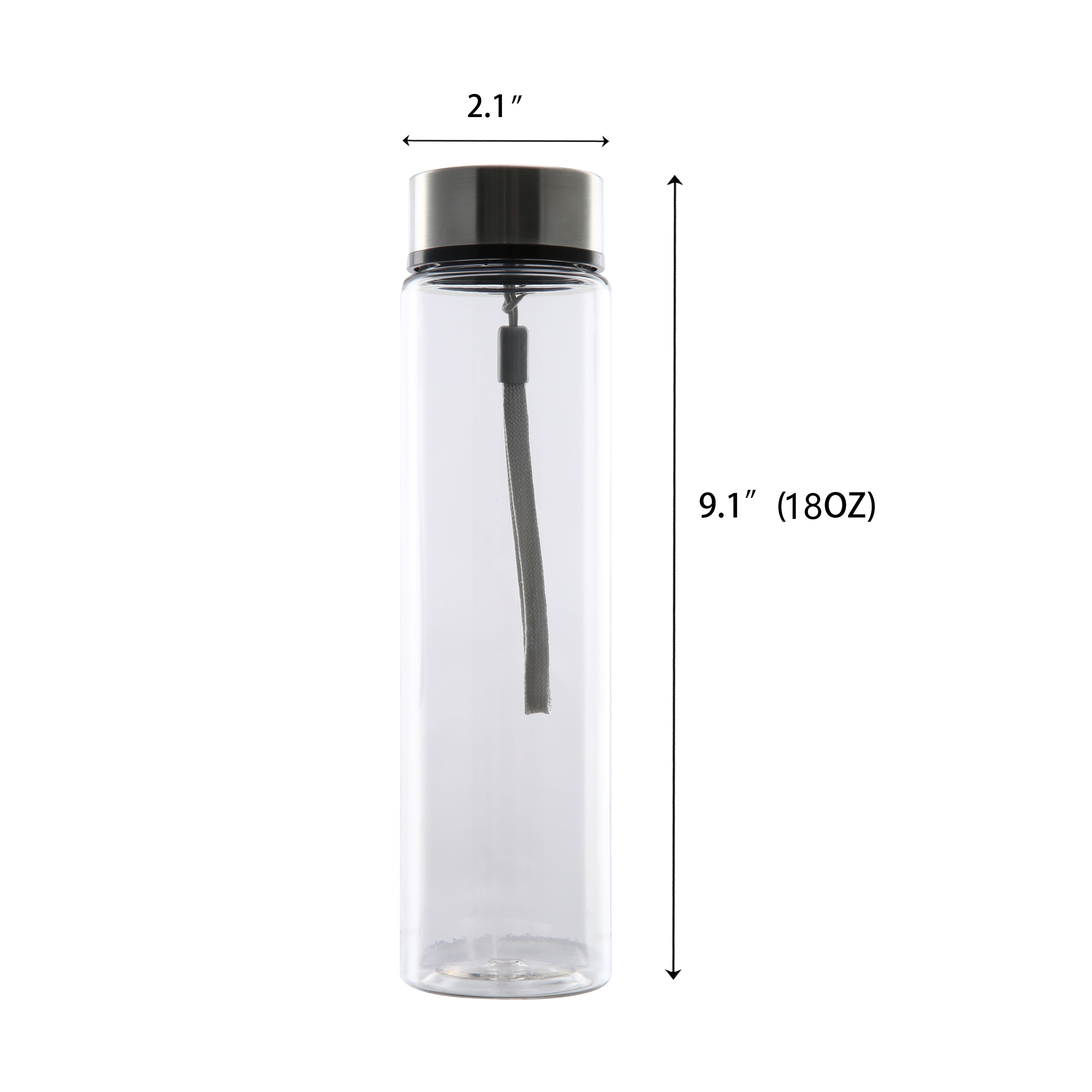 Mainstays 18 oz Plastic Clear Water Bottle Stainless Steel Screw Cap Lid with Strap, 1 Each