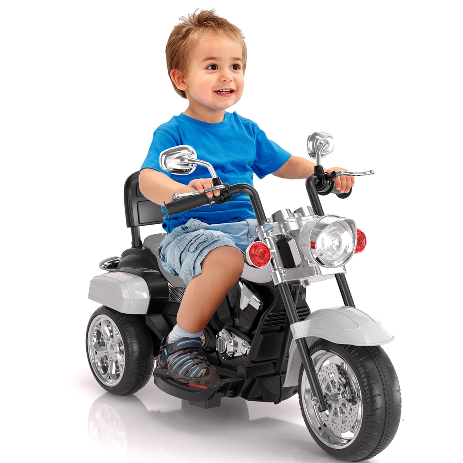 XJD Kids Electric Motorcycle, 6V Battery Powered Ride on Chopper Motorcycle with Horn, Headlights, 3 Wheels Electric Motorcycle for Children, White