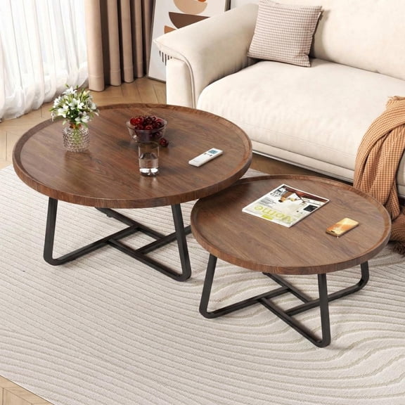 Mid-Century Modern Round Nesting Coffee Table Set - 2-Piece Walnut & White Marble Finish Side Tables for Living Room, Easy Assembly