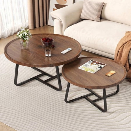 Mid Century Modern Nesting Coffee Table Set of 2 – Space-Saving Round Fluted Wood – Sturdy Metal Frame – Easy Assembly – Perfect for Living Room Bedroom Sofa Side Balcony Yard