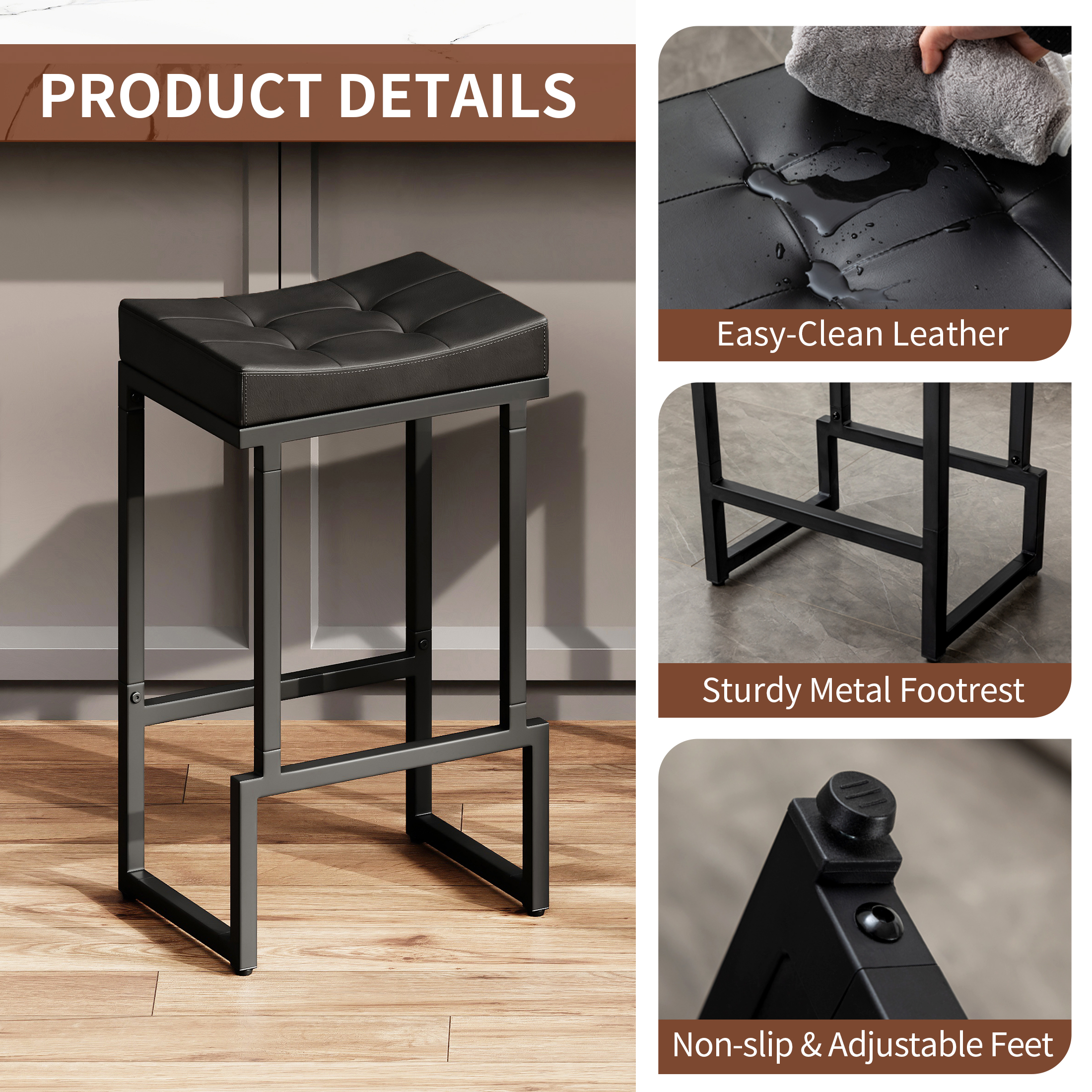 FIRAVOE Bar Stools Set of 3, Backless Counter Height Bar Stools (28") Modern Faux Leather Saddle Barstools for Kitchen Island, Black